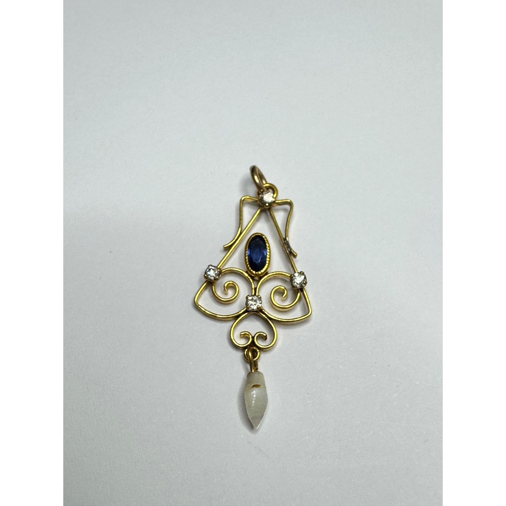 Edwardian Revival Art Nouveau Gold Tone Filigree Lavalier Pendant Pearl drop